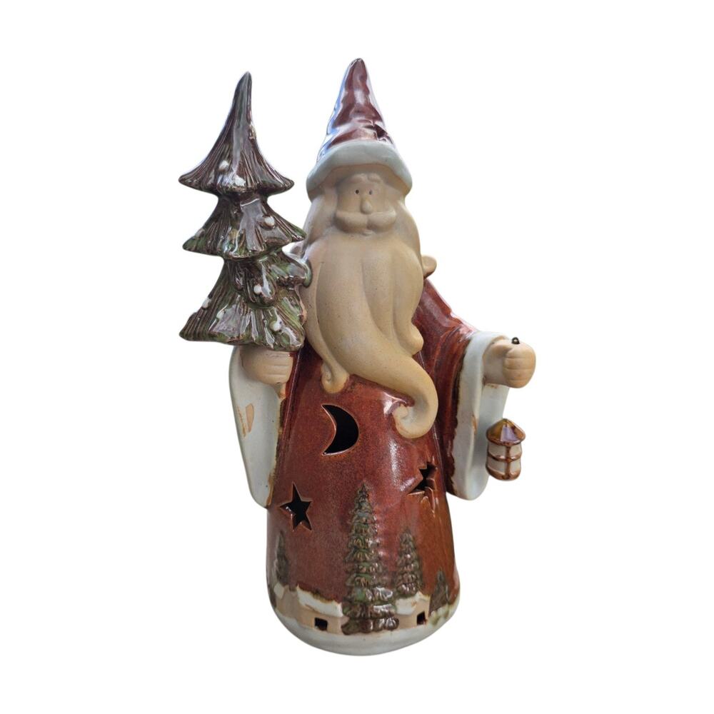 Vintage 12" Ceramic Folk Art Santa Claus Figurine with Tree & Swinging Lantern –